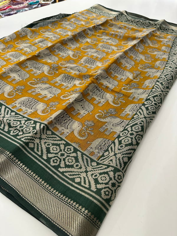 Yellow X Green Soft Printed Kalamkari Chanderi Saree