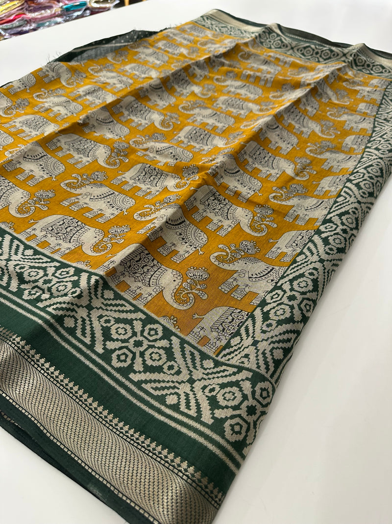 Yellow X Green Soft Printed Kalamkari Chanderi Saree