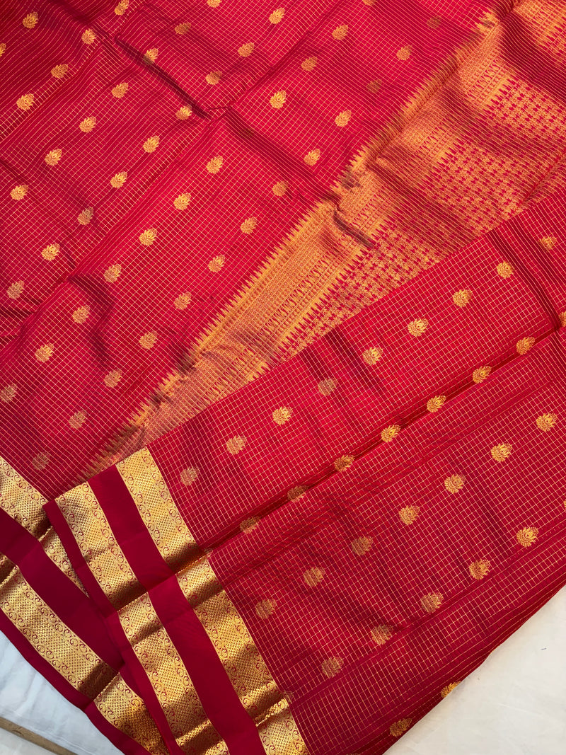 RANI PINK GOLD JARI MICRO CHECKS AND SMALL BUTTIES WITH BENTEX BORDER PUREMIX KANCHI SILK SAREE