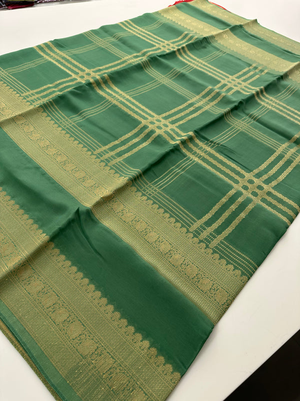 Green Premium Striped Semi Mysore Silk Saree with Contrast Blouse - AU9