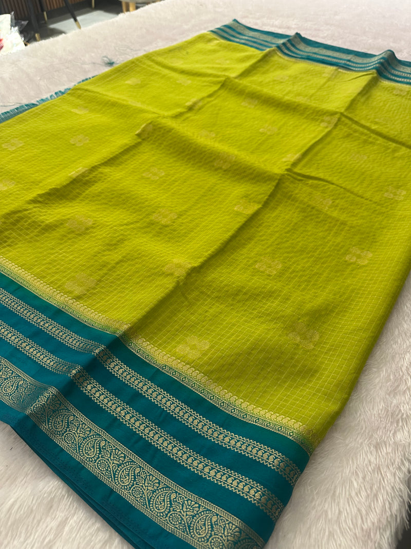 Semi Crepe Checks Saree - Green x Blue AU25