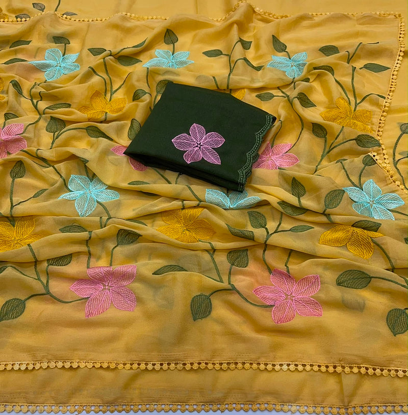 Start Georgette Saree With Embroidery Work-J30
