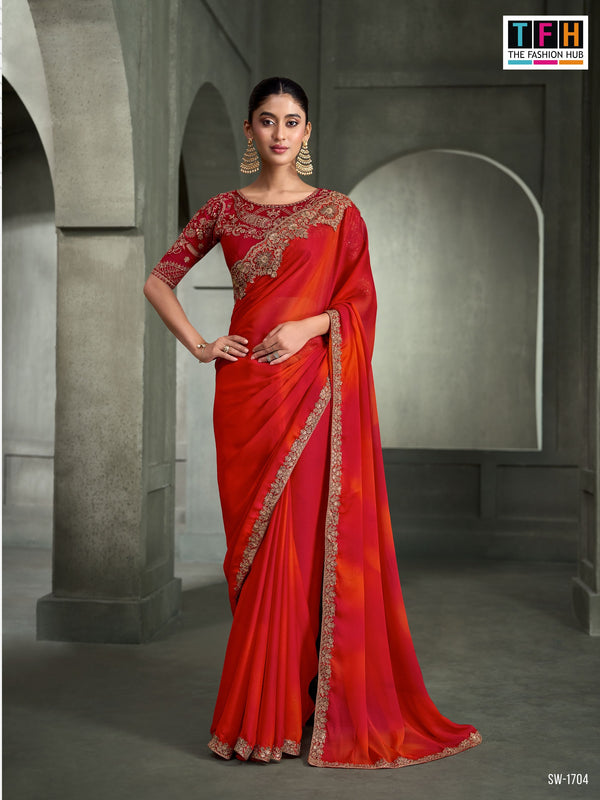 SW-1704 — BLENDED RED & ORANGE CHIFFON SAREE & GEORGETTE WORK BLOUSE