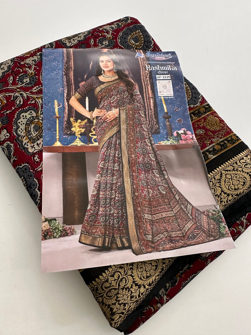 Soft Lightweight Printed Cotton Saree - Red Floral Pattern - AU27
