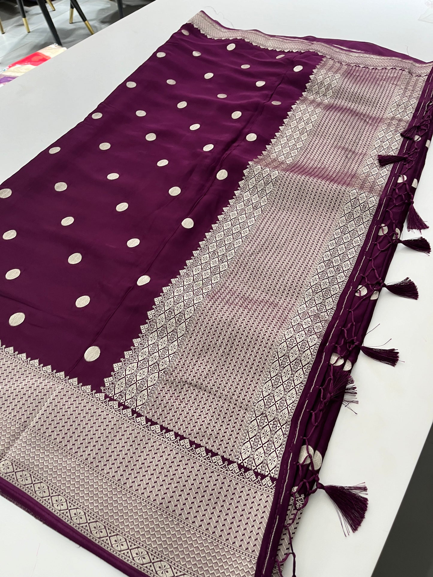 59 PURE SATIN CRAPE SILK WITH ANTIQUE ZARI POLKA DOTS DESIGNS