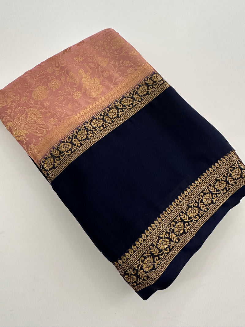 Crepe Silk Brocade Fancy Saree,, contrast border and contrast blouse piece 🌹 - AU10