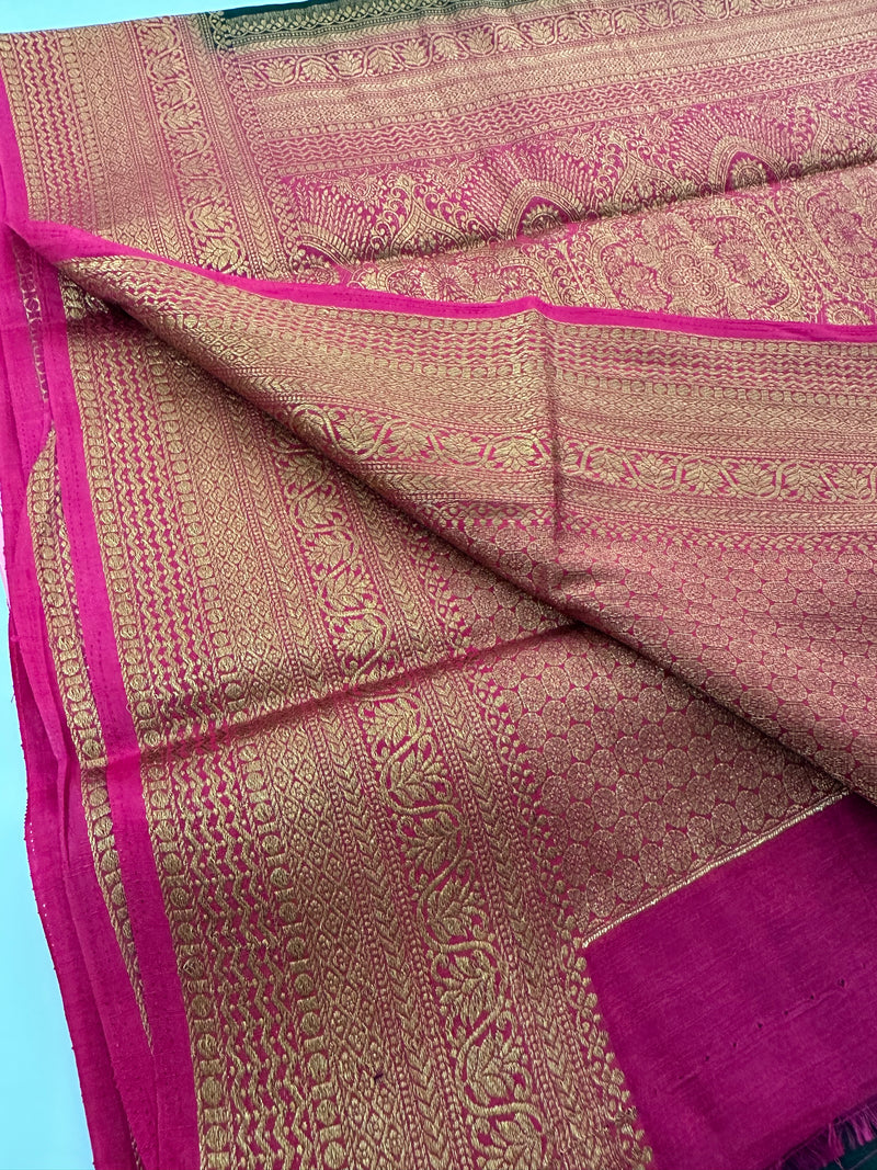 Bottle Green x Pink Tussar Cotton Saree with Double Leaf Butta All Over JU24