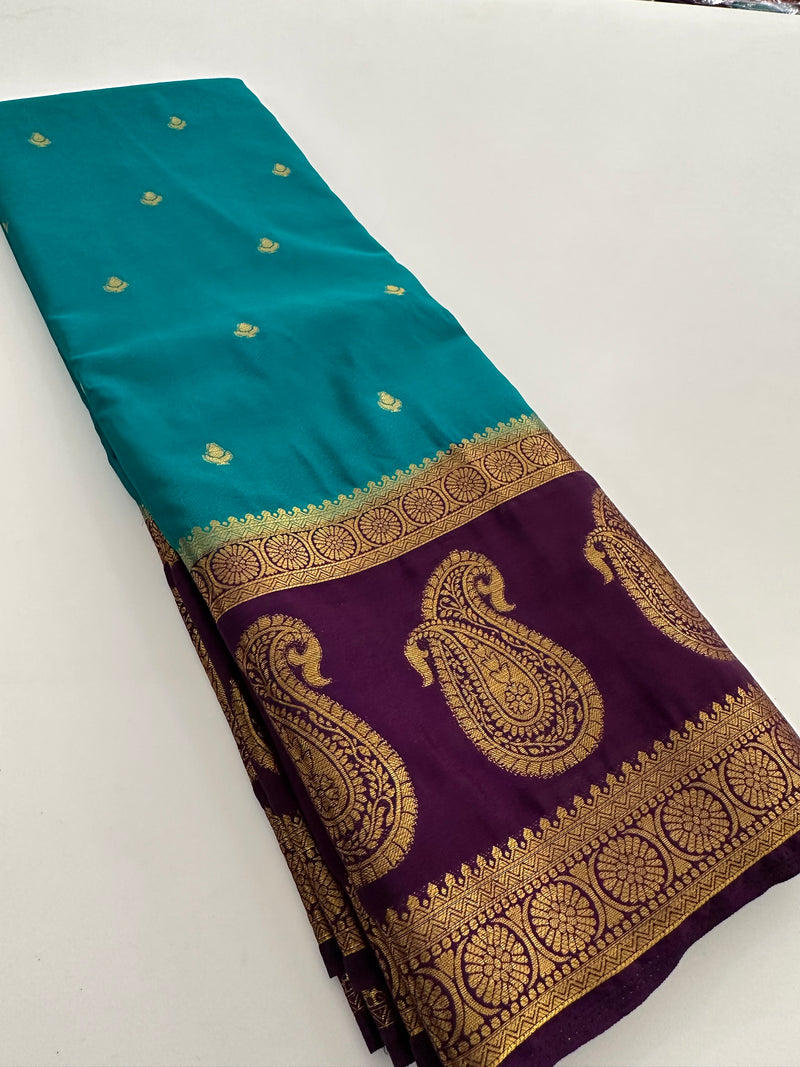 Vintage Semi Crepe Silk Saree with contrast butti blouse and mango border-Au15