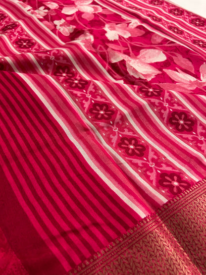 Cherry Pink floral chiffon saree-BS101