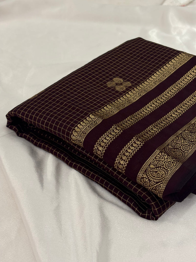 Brown Semi Mysore Silk Checks Saree with Butta - AU13