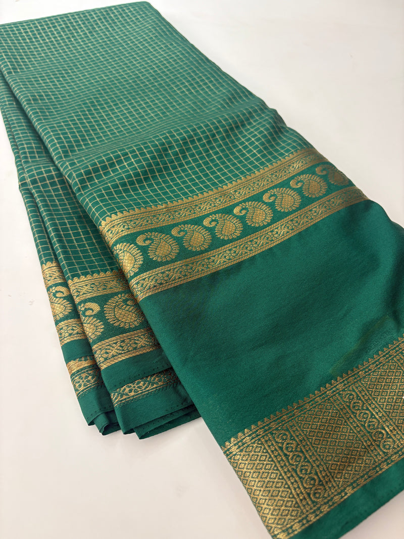 BENTEX BORDER SELF CHEX SEMI CREPE SILK SAREE-GREEN