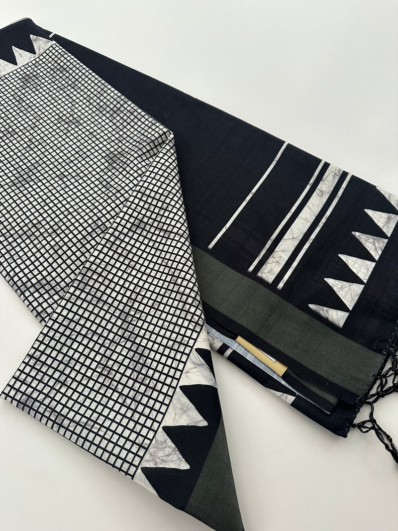 Black and White Tussar Printed Saree- JU28