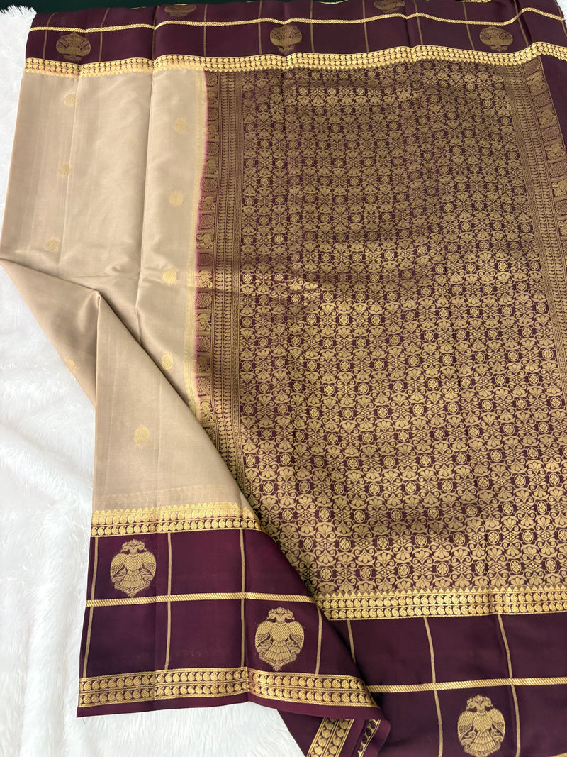 Semi Crepe Silk Saree - Beige x Brown (J29)