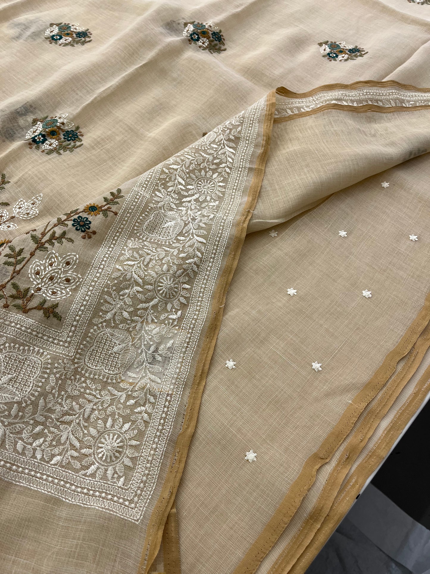 Linen embroidery fancy saree