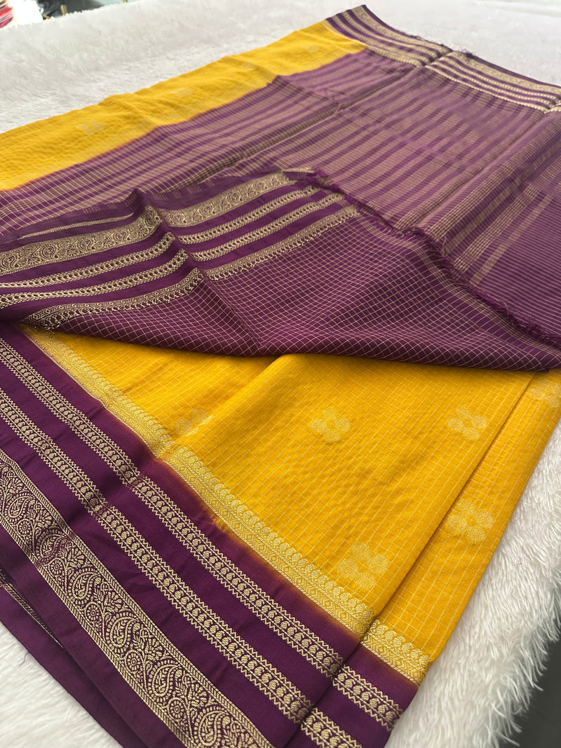 Semi Crepe Checks Saree - Yellow x Purple AU25