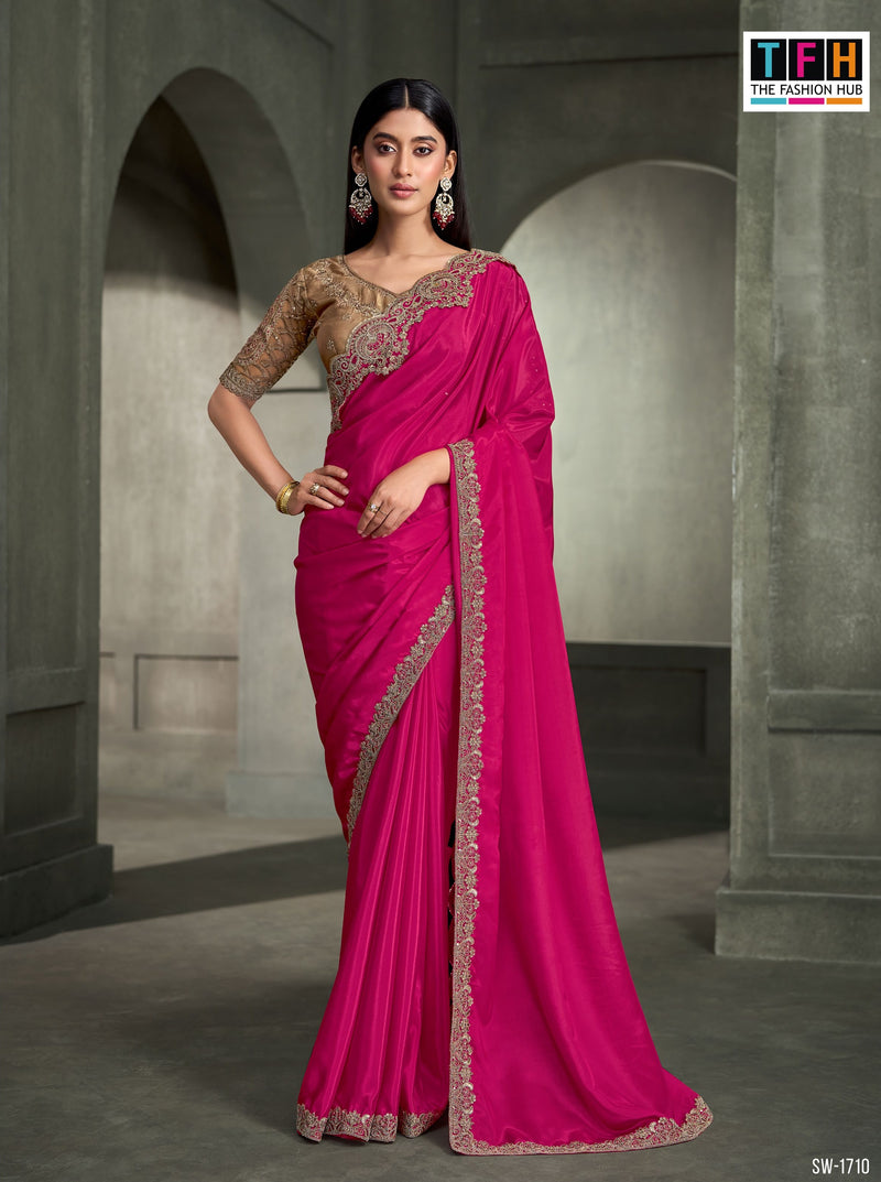 SW-1710 — PRINCESS PINK CRAPE SILK SAREE & TUSSAR SILK WORK BLOUSE
