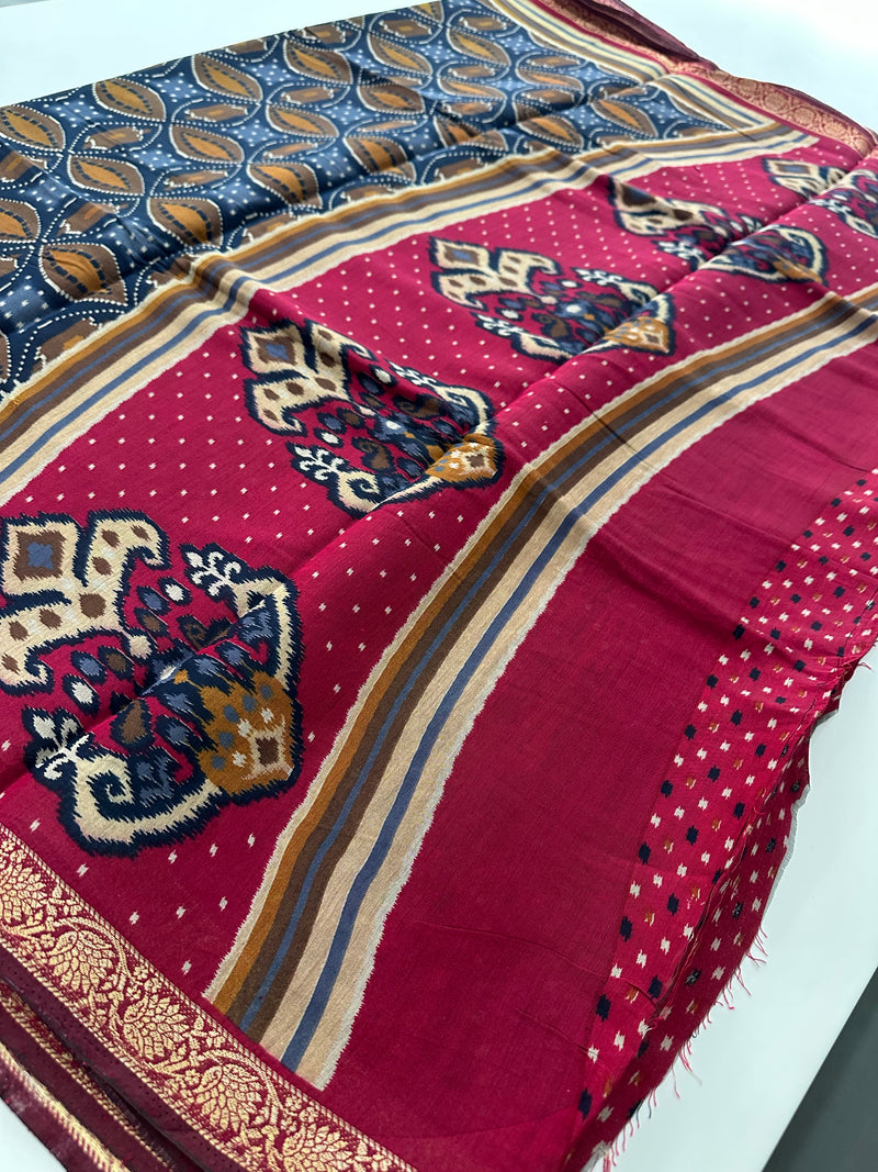 Soft Lightweight Printed Cotton Saree - Blue Mustard Yellow Print - AU27