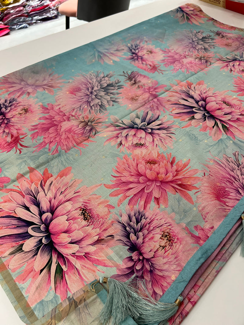 Digital floral Printed Tussar Saree,, contrast butti blouses🌹/- AU12
