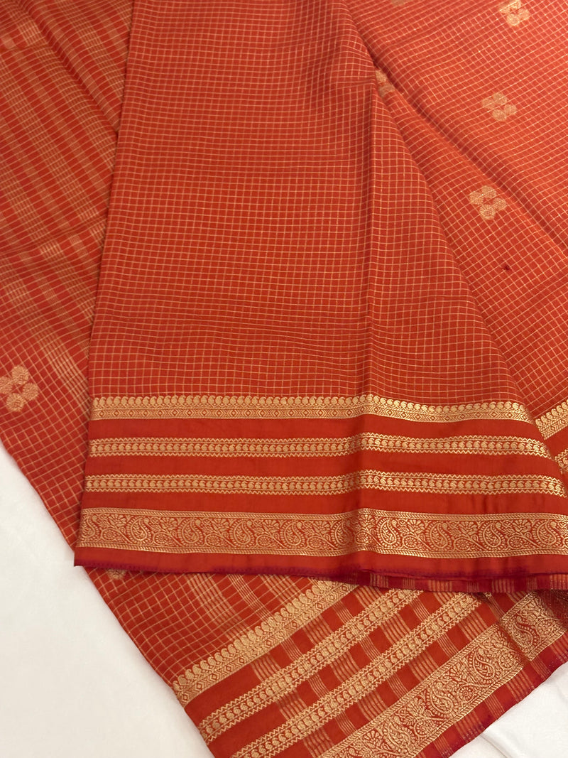 Rust Semi Mysore Silk Checks Saree with Butta - AU13