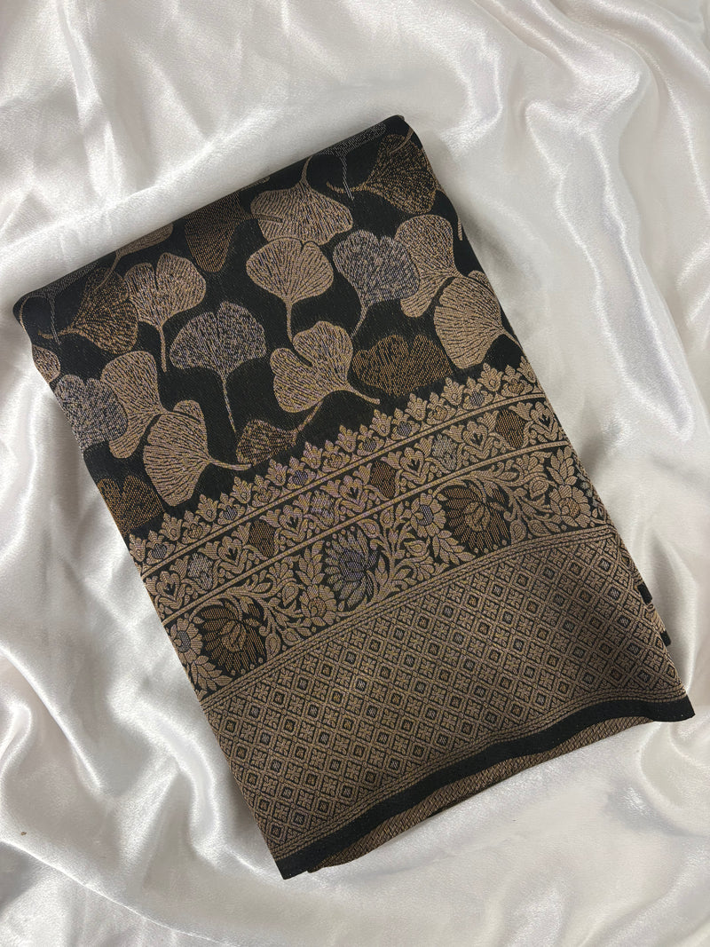 JU18 - Black Floral Soft Silk Designer Saree