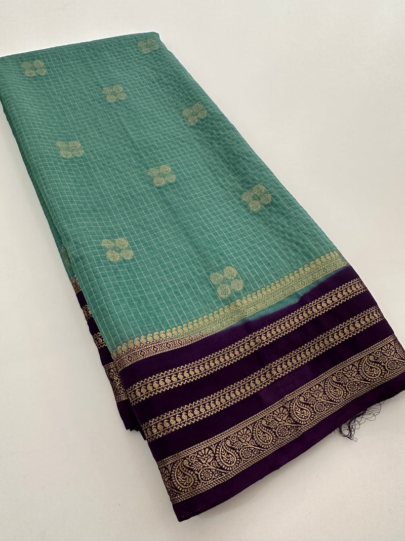 Semi Mysore Silk Checks Saree with Butta-AU16