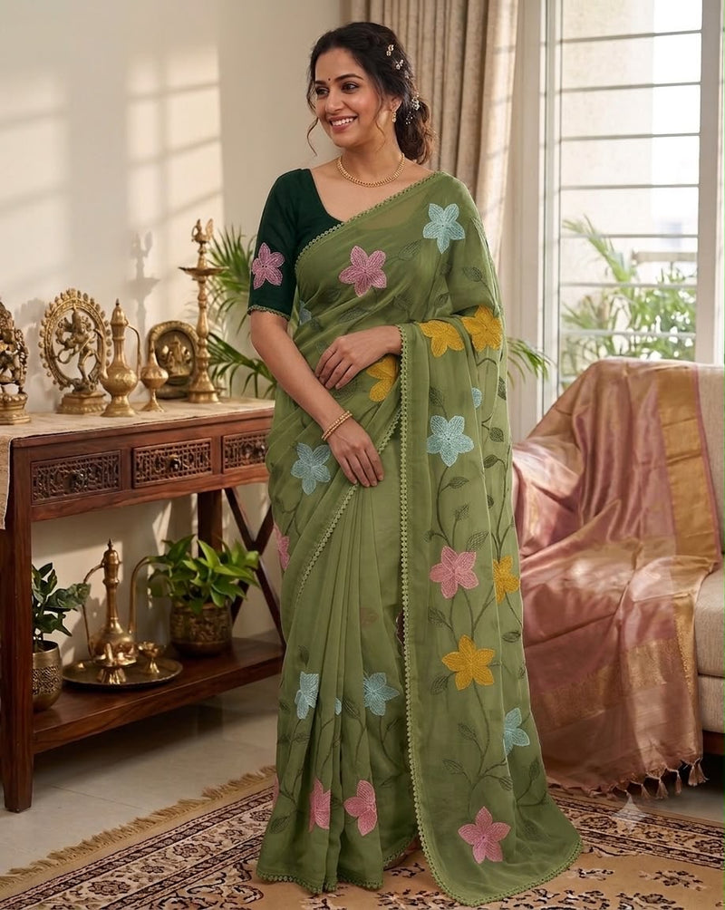 Start Georgette Saree With Embroidery Work-J30