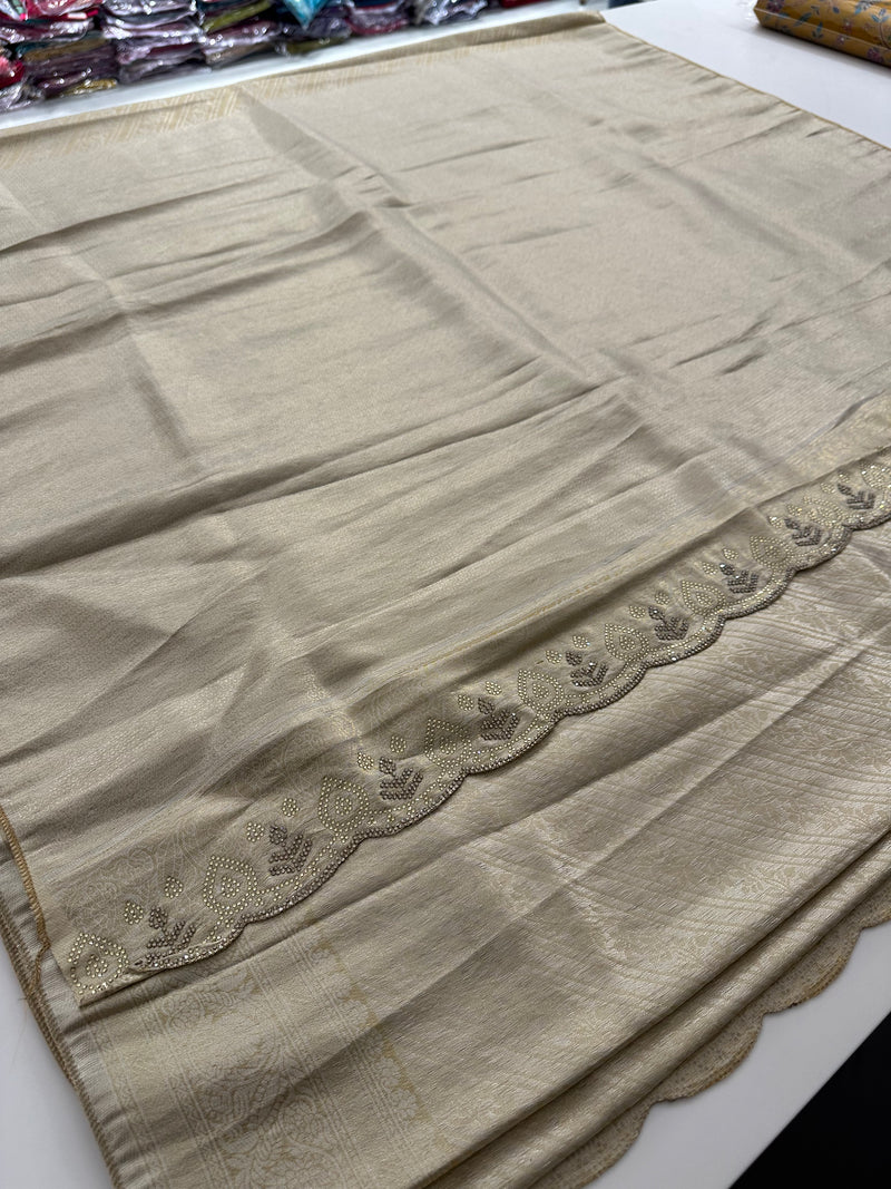 🌹Gold Banarsi Soft Tissue Silk Saree on Stone work Pallu and scallop border 🌹 JU27