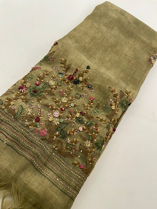 Linen Embroidery Fancy Saree