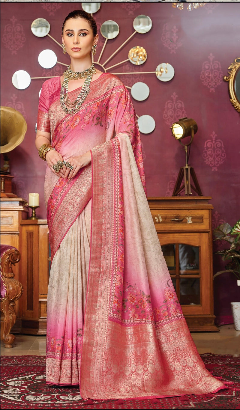 Pastel Pink x Cream Crepe Floral Designer Saree JIVAAH