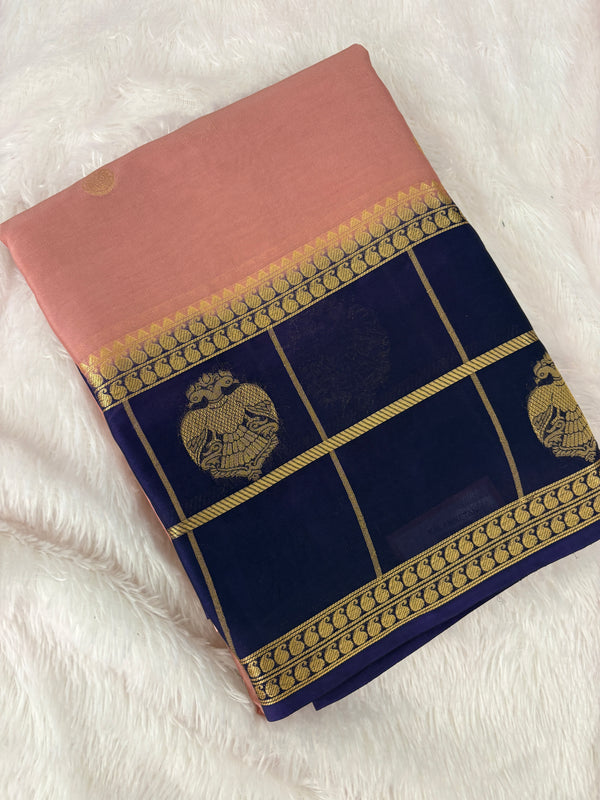 Semi Crepe Silk Saree - Light Pink x Navy Blue (J29)