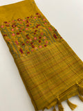 Katha And Jari Border Embroidery Sarees,, Fabric-Crepe Tussar,, Katha Style Blouse Piece🌹-JU30