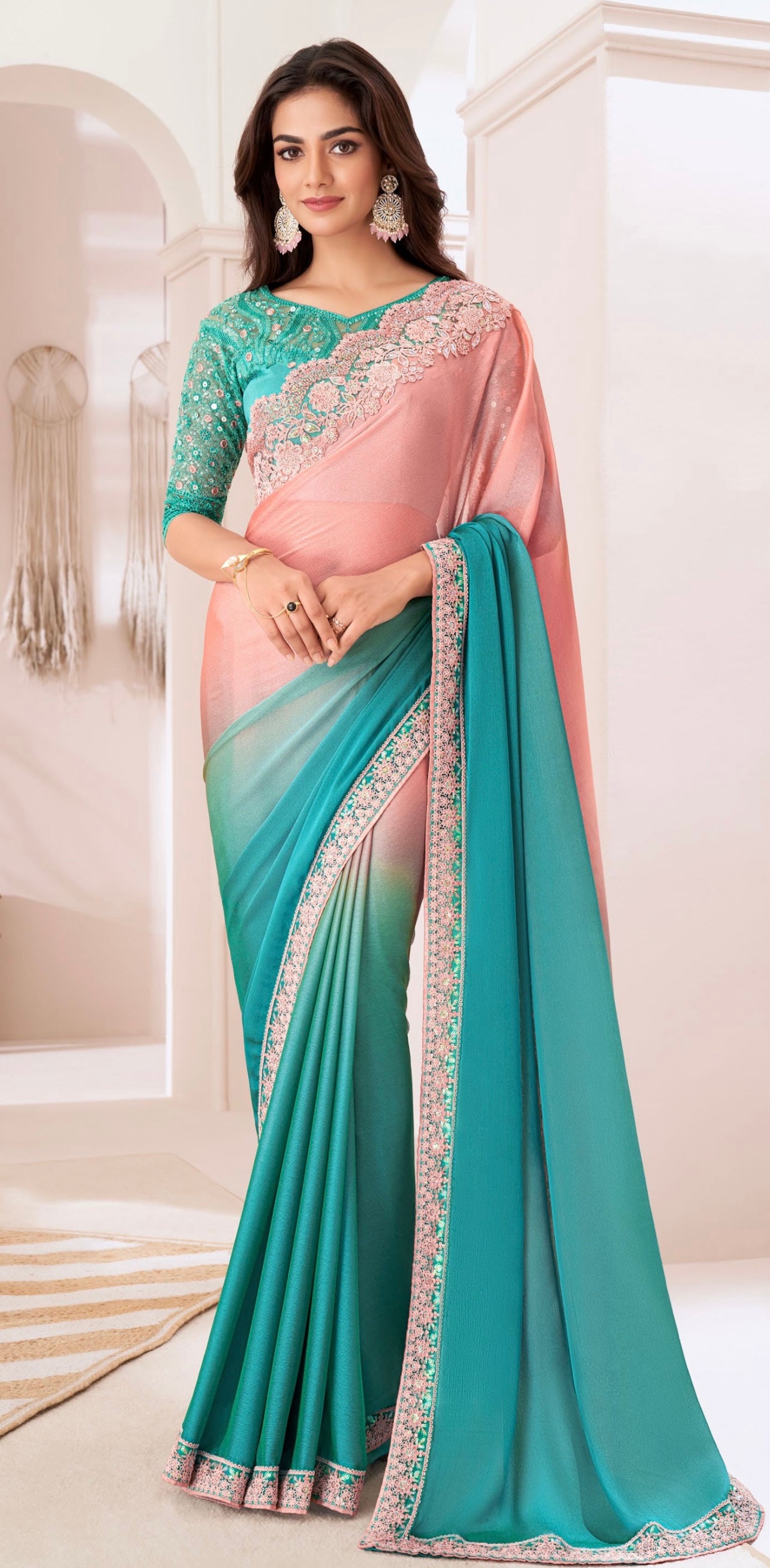 Turquoise  & Baby Pink Chiffon Georgette Designer Party Wear Saree-TFH SW 1311