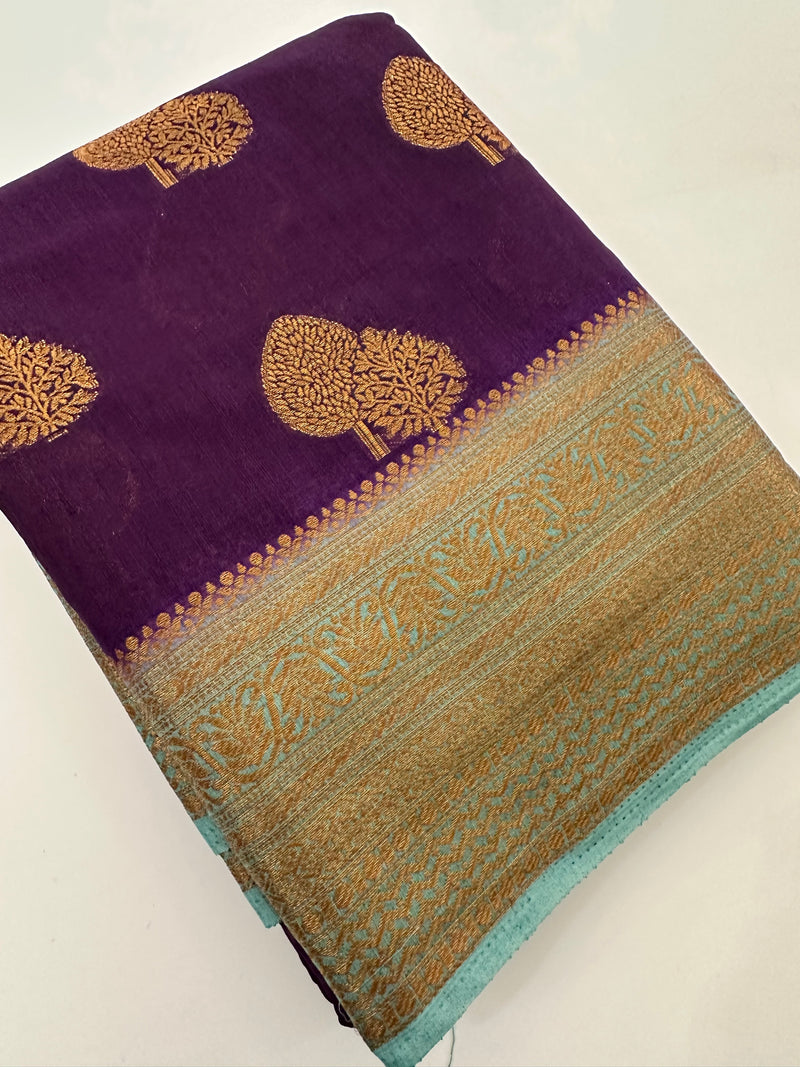 Purple x Pastel Blue Tussar Cotton Saree with Double Leaf Butta All Over JU24