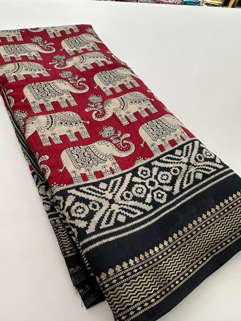 Red X Black Soft Printed Kalamkari Chanderi Saree