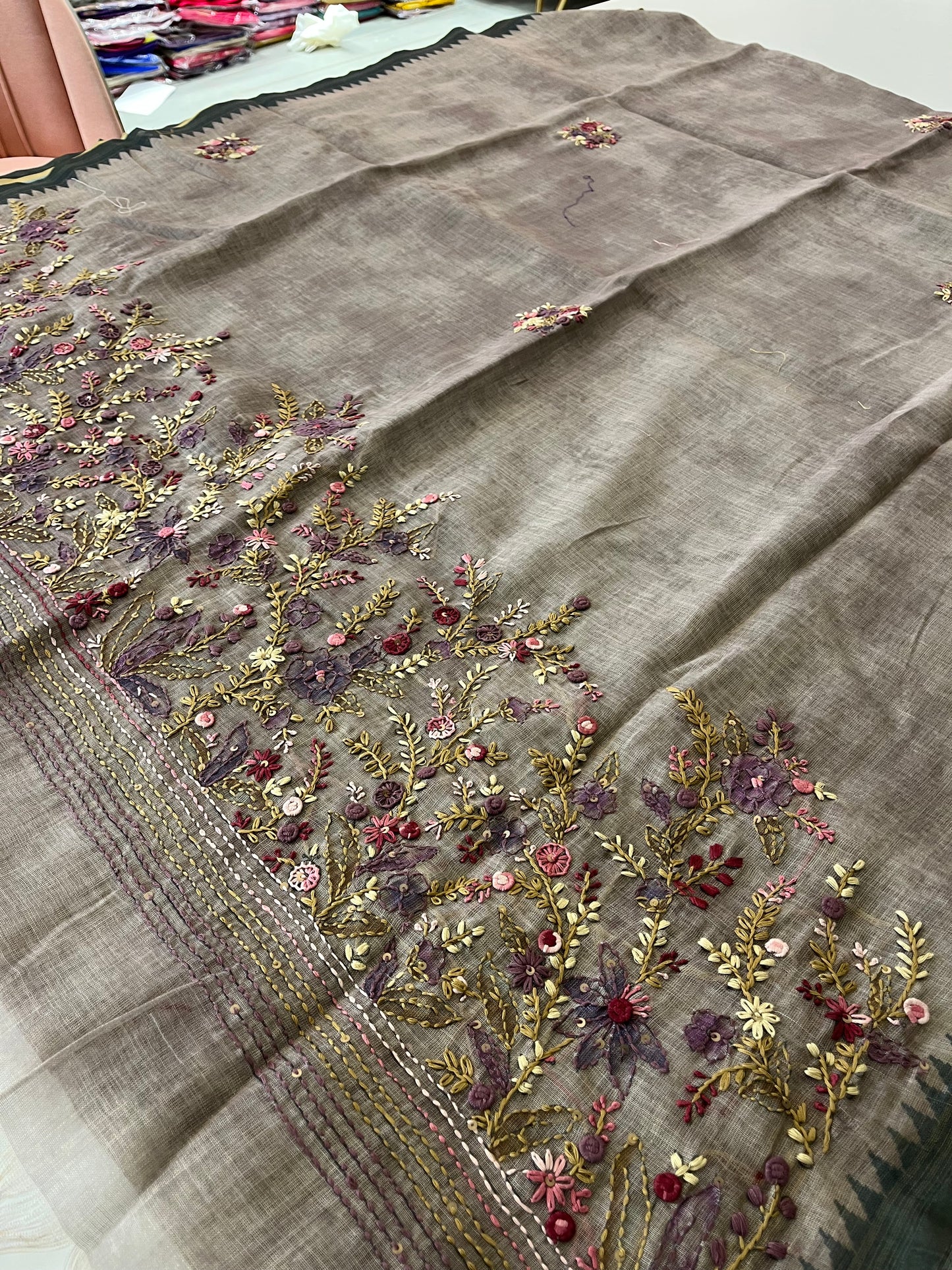 Designer linen  saree full embroidery