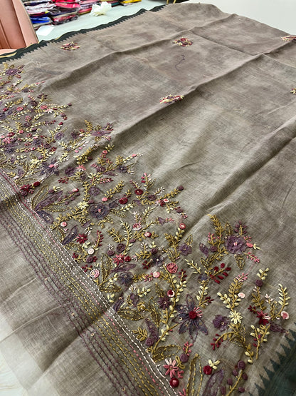 Designer linen  saree full embroidery
