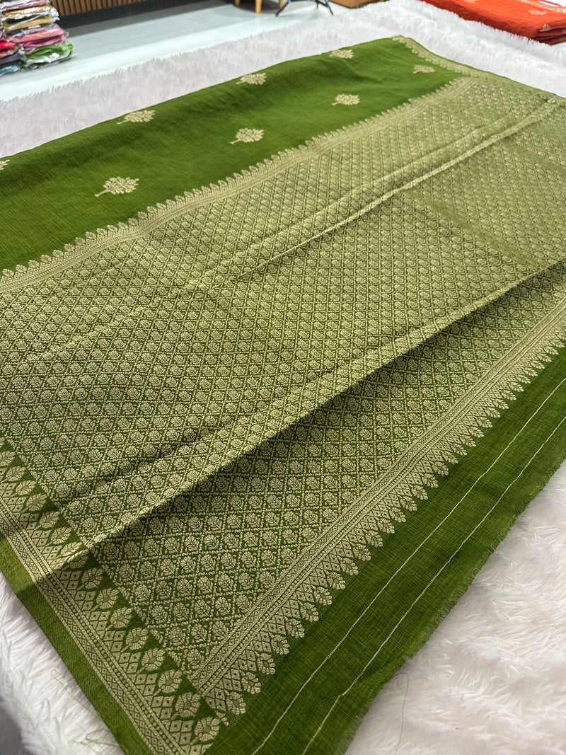 Olive Green Linen Heritage Designer Saree with Butta - AU18