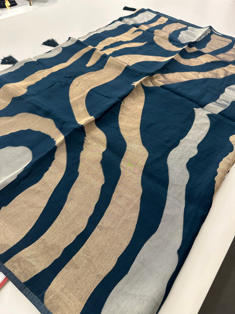 Peacock Blue Designer Chinnon Silk Saree – Zigzag Design AU24