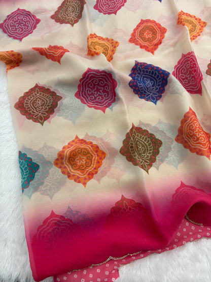 Off White Bandini Pastel Organza Designer Saree