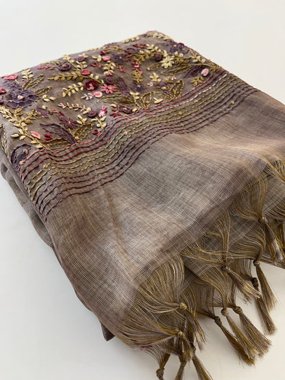 Designer linen  saree full embroidery