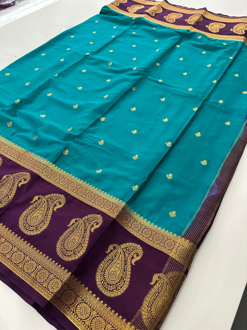Vintage Semi Crepe Silk Saree with contrast butti blouse and mango border-Au15