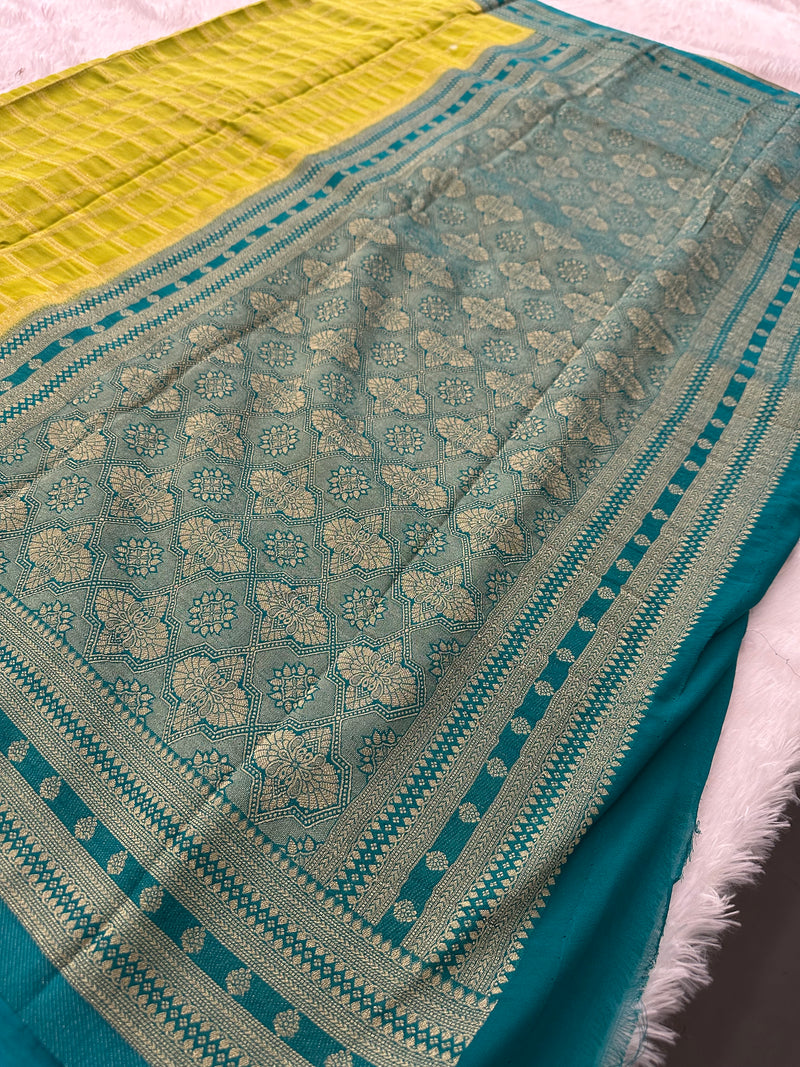 Premium Georgette Sarees In Checks Zari and Small Border with Contrast Blouse Piece 🌹-JU18