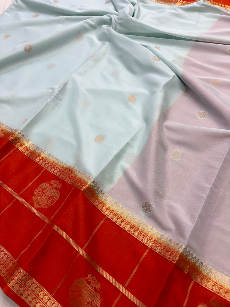 Light Blue X Orange Premium Semi Mysore Crape Silk Saree- JU16