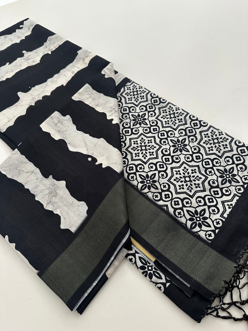 Black and White Tussar Printed Saree- JU28