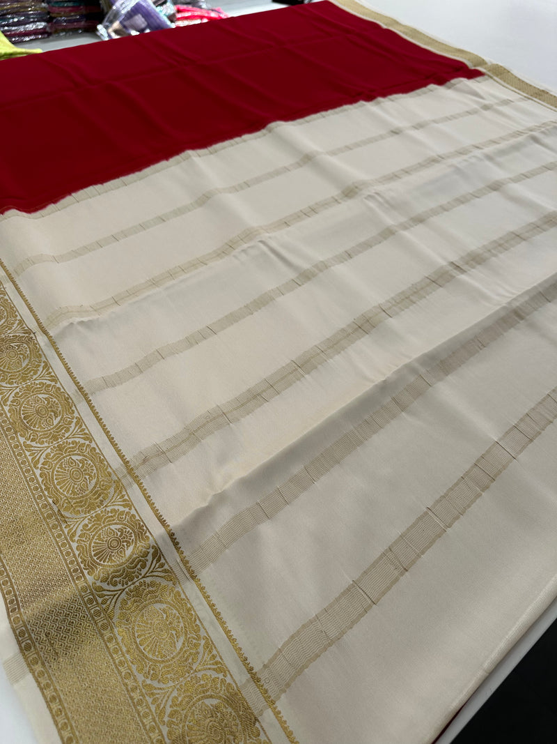 Red x White 120 GSM Mysore Crepe Silk Saree - AU8