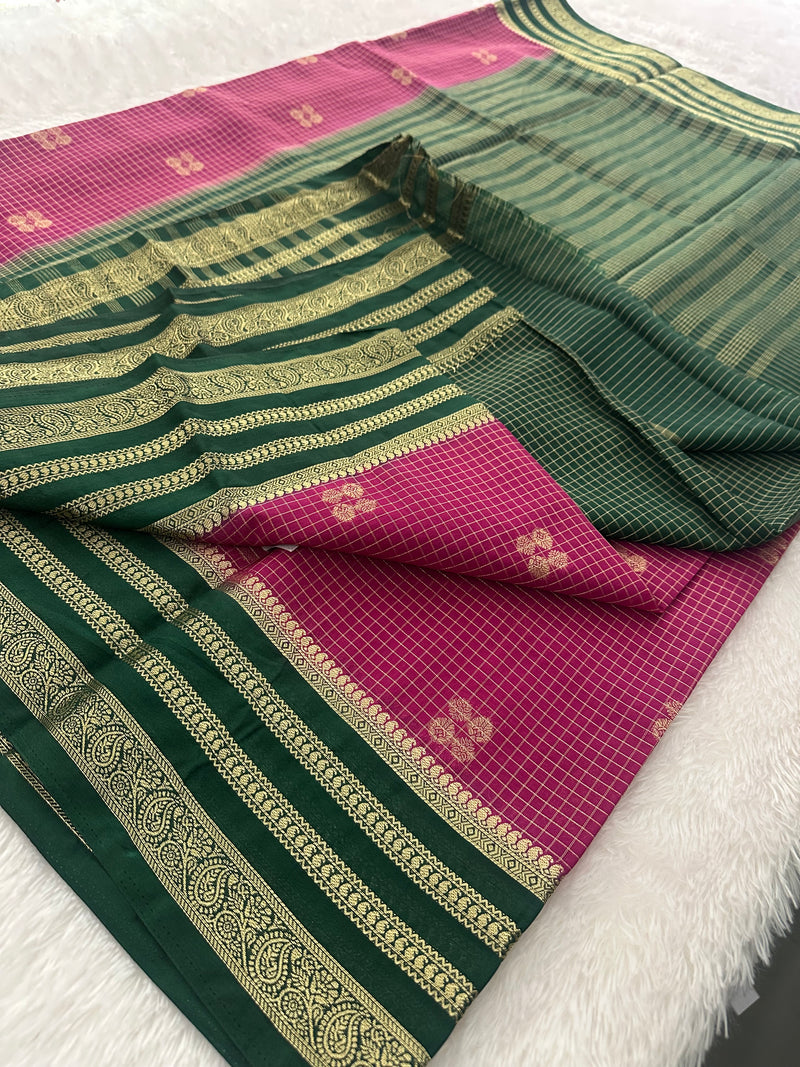 Semi Crepe Checks Saree - Magenta x Green AU25