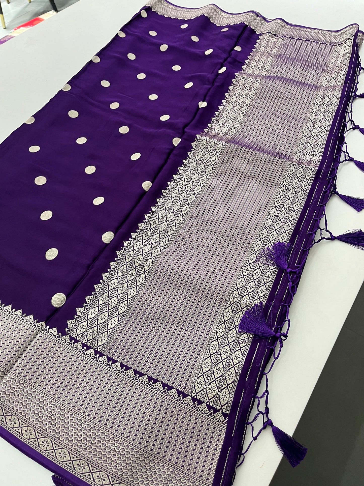 59 PURE SATIN CRAPE SILK WITH ANTIQUE ZARI POLKA DOTS DESIGNS