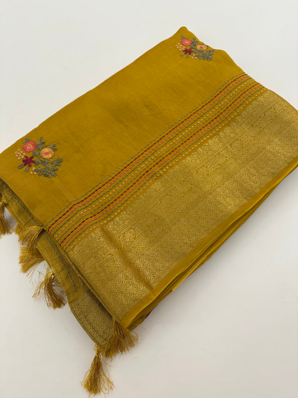 Pure Tussar Silk With Katha Work and Embroidery Buttas in Premium Finishing🦋 🌹-JU16