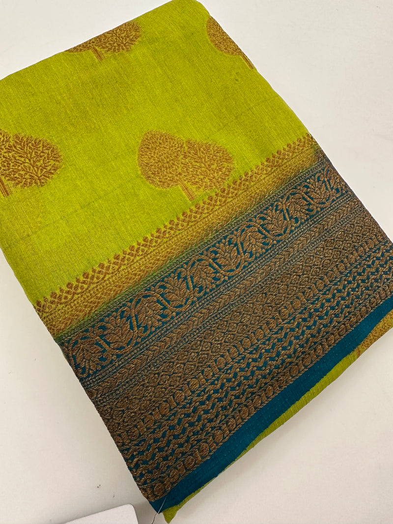 Leaf Green x Blue Tussar Cotton Saree with Double Leaf Butta All Over JU24