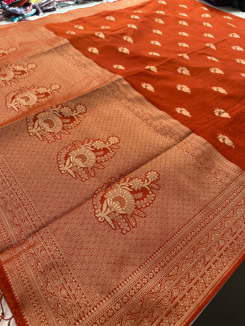 Venkatagiri fancy soft Linen Cotton sarees with self blouse and fancy Border and Butties all over🌹 - AU12